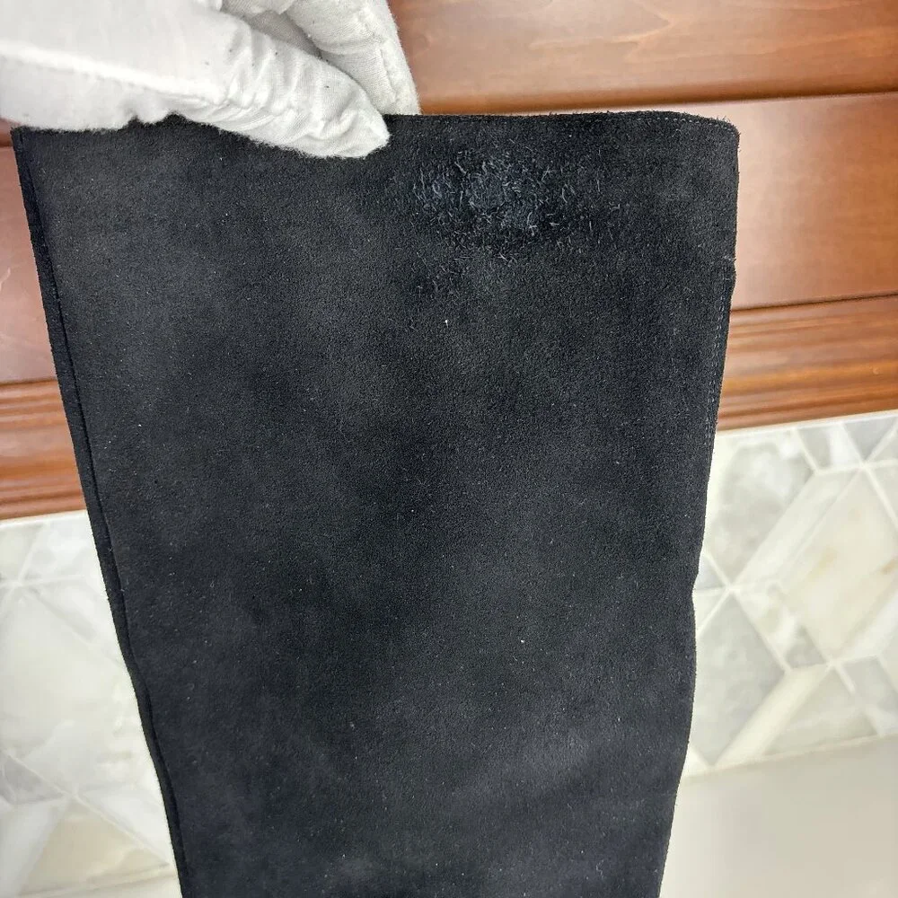 7.5 Tall Knee High Boot Black Leather Suede Cone Heel Pointed Toe Zip Bryle